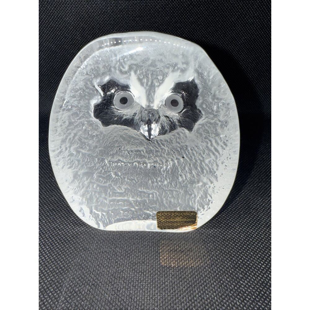 Vintage Mats Jonasson Owl Crystal Paperweight Sweden Original Sticker Signed - Picture 2 of 5